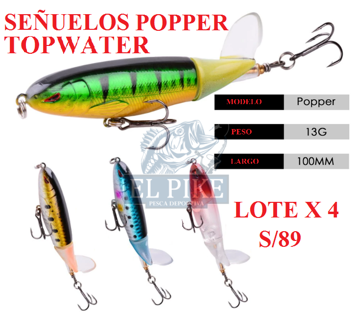 4 Señuelos flotantes Topwater Popper con hélice