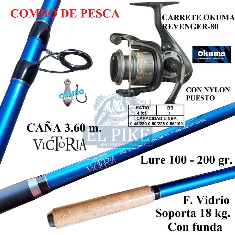 Equipo de Pesca, Caña Victoria 3.60m F. Vidrio con Carrete Okuma Revenger Rv-80