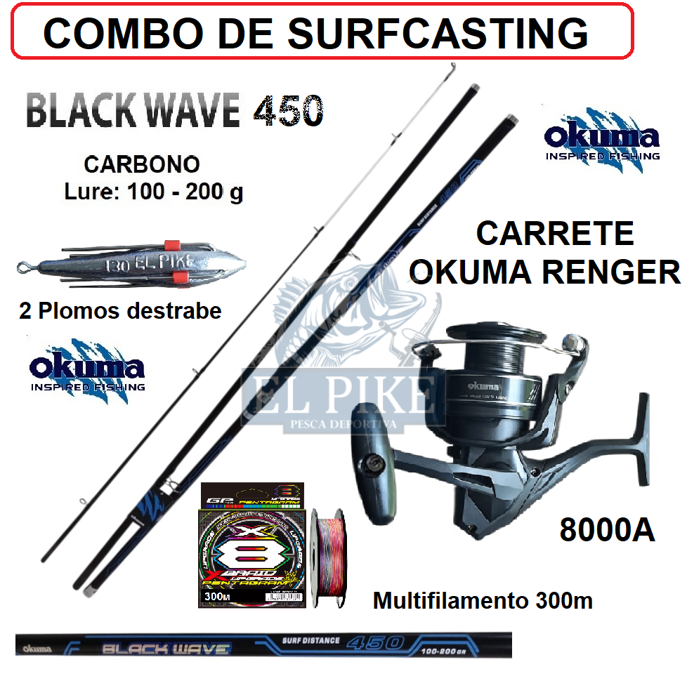 EQUIPO DE PESCA CAÑA 4.50 OKUMA CON CARRETE 8000 Y MULTIFILAMENTO 300M