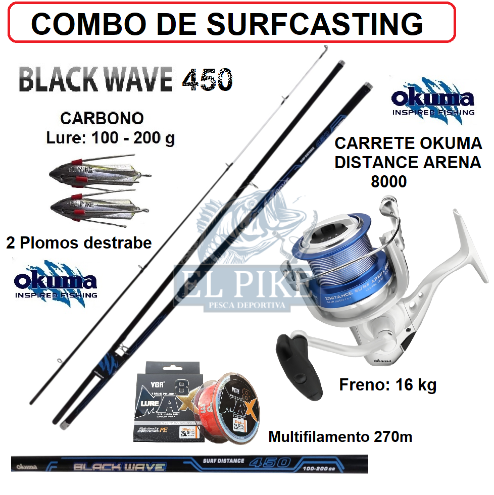 Equipo De Surfcasting Caña 4.50 M Con Carrete 8000 Okuma