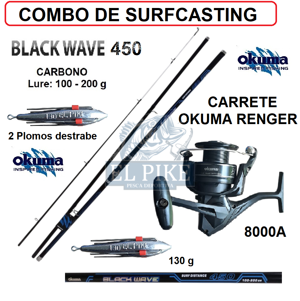 Equipo De Surfcasting Caña 4.50 M Con Carrete 8000 Okuma