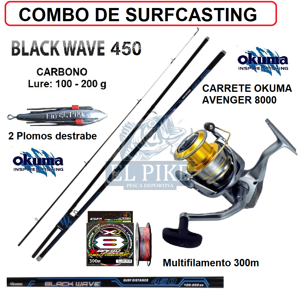 Equipo De Surfcasting Caña 4.50 M Con Carrete Avenger 8000 Okuma